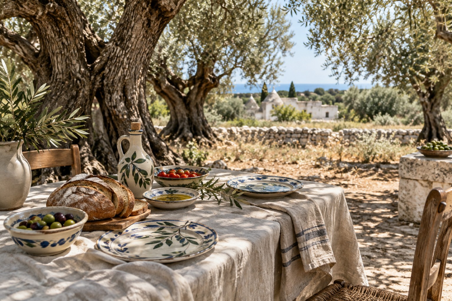 Mediterranean table among olive trees; illustrative image